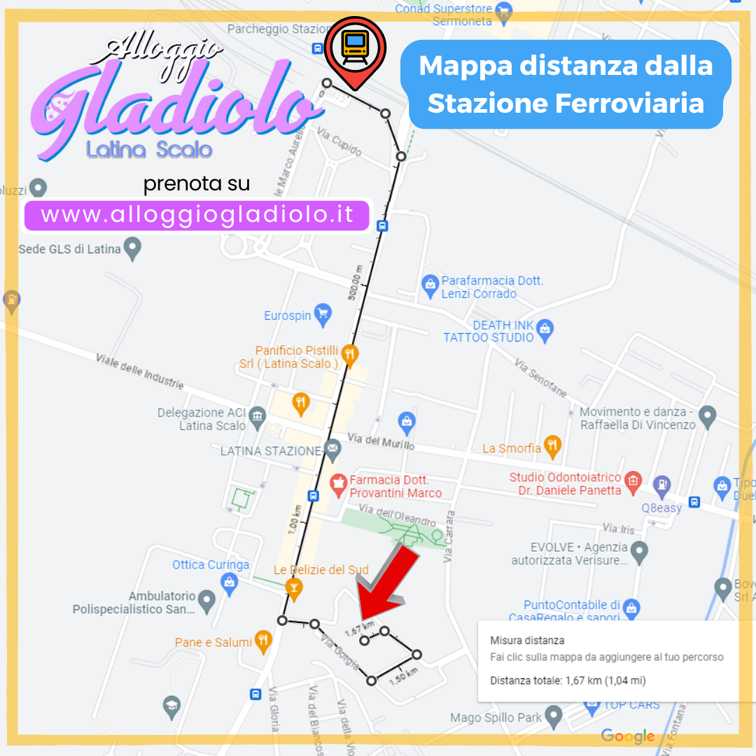 Alloggio Gladiolo - Latina Scalo - Mappa percorso da Stazione Ferroviaria - 1080x1080px new